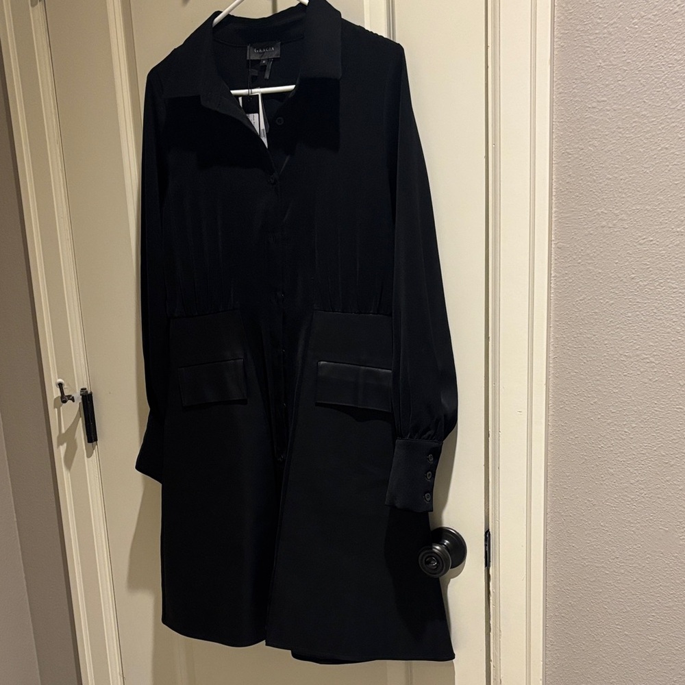 NWT Gracia (M) Elegant Black with Faux Leather Button front dress